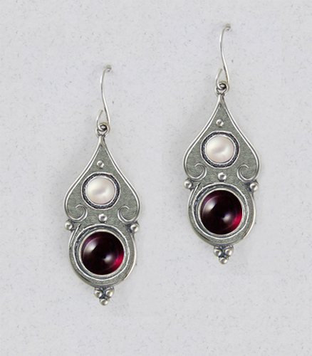 Sterling Silver Gothic Look With Garnet And Cultured Freshwater Pearl Gemstone Drop Dangle Earrings